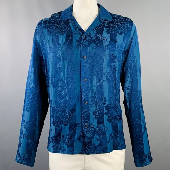 Size XL Blue Jacquard Linen Silk Floral One Pocket Long Sleeve Shirt - Picture 1 of 6